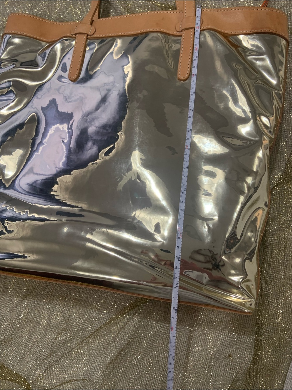 Consuela Shiny Gold Tote with Tan Trim - Picture 8 of 14